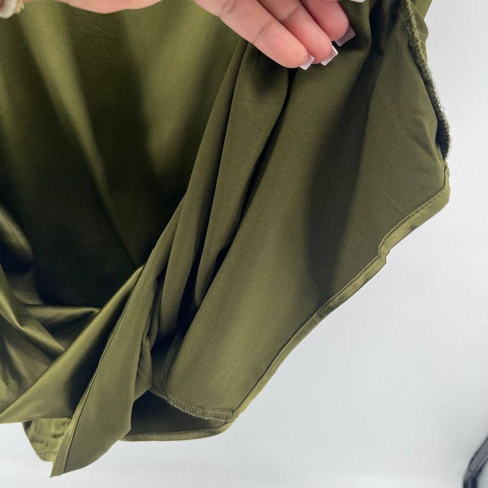 Olive Satin Draped Ruched Mini Dress XL Cowl Neck Cocktail Wedding Guest - Picture 13 of 15